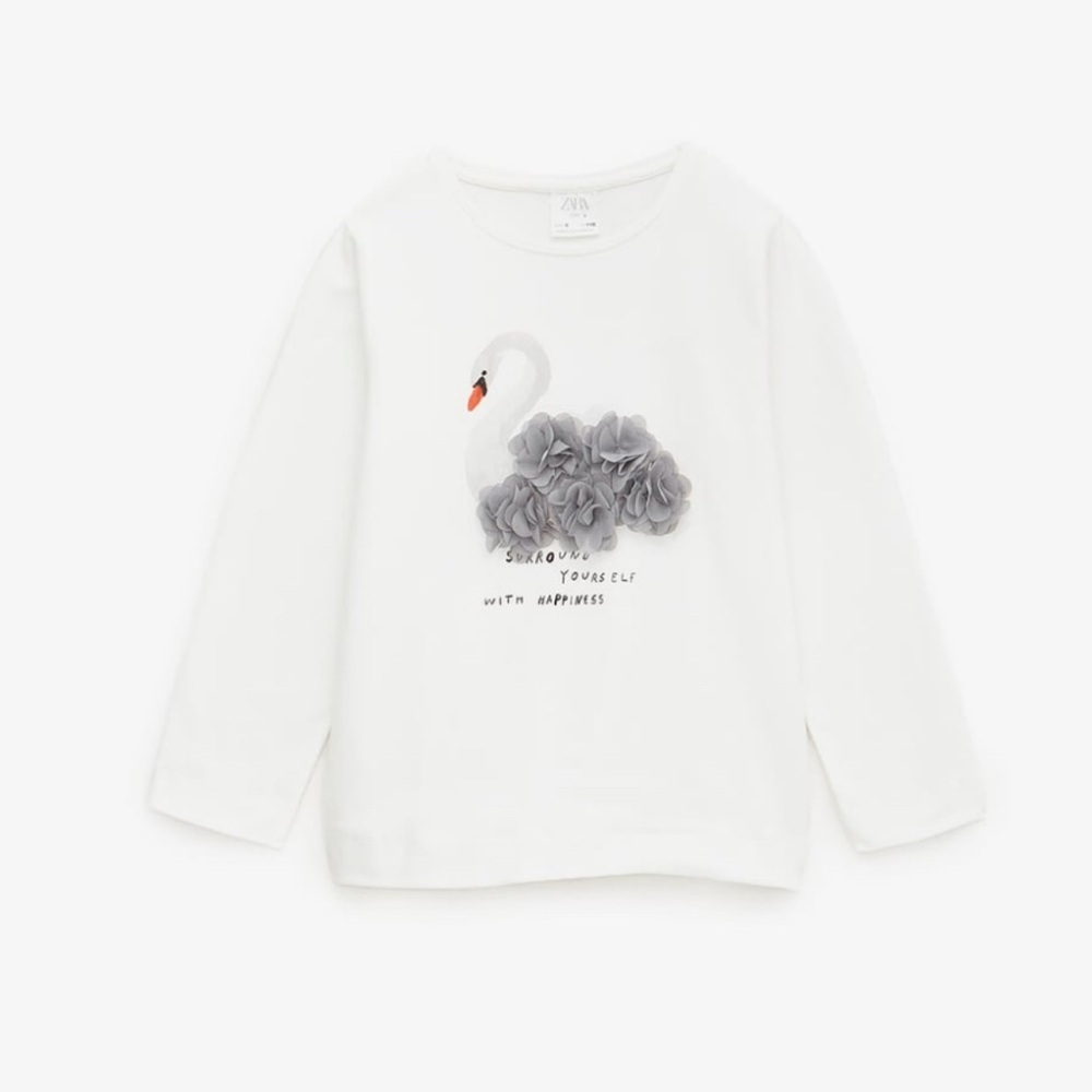 Zara Kids Girls Swan Graphic White Long Sleeve Top -Size 8